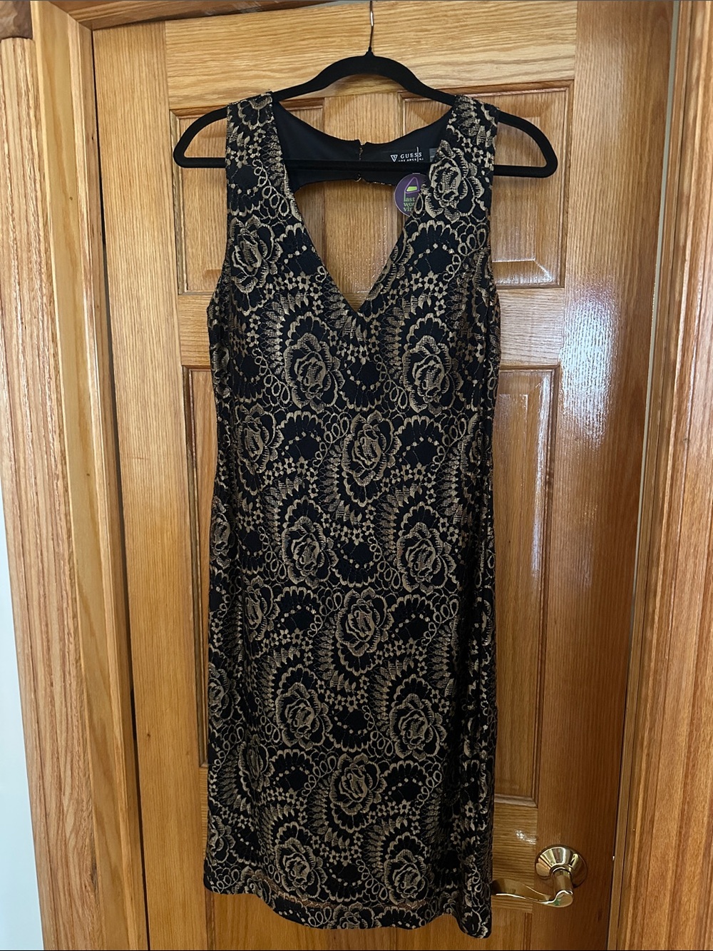 Guess Vintage Black and Gold Lace-Overlay V-Neck Dress